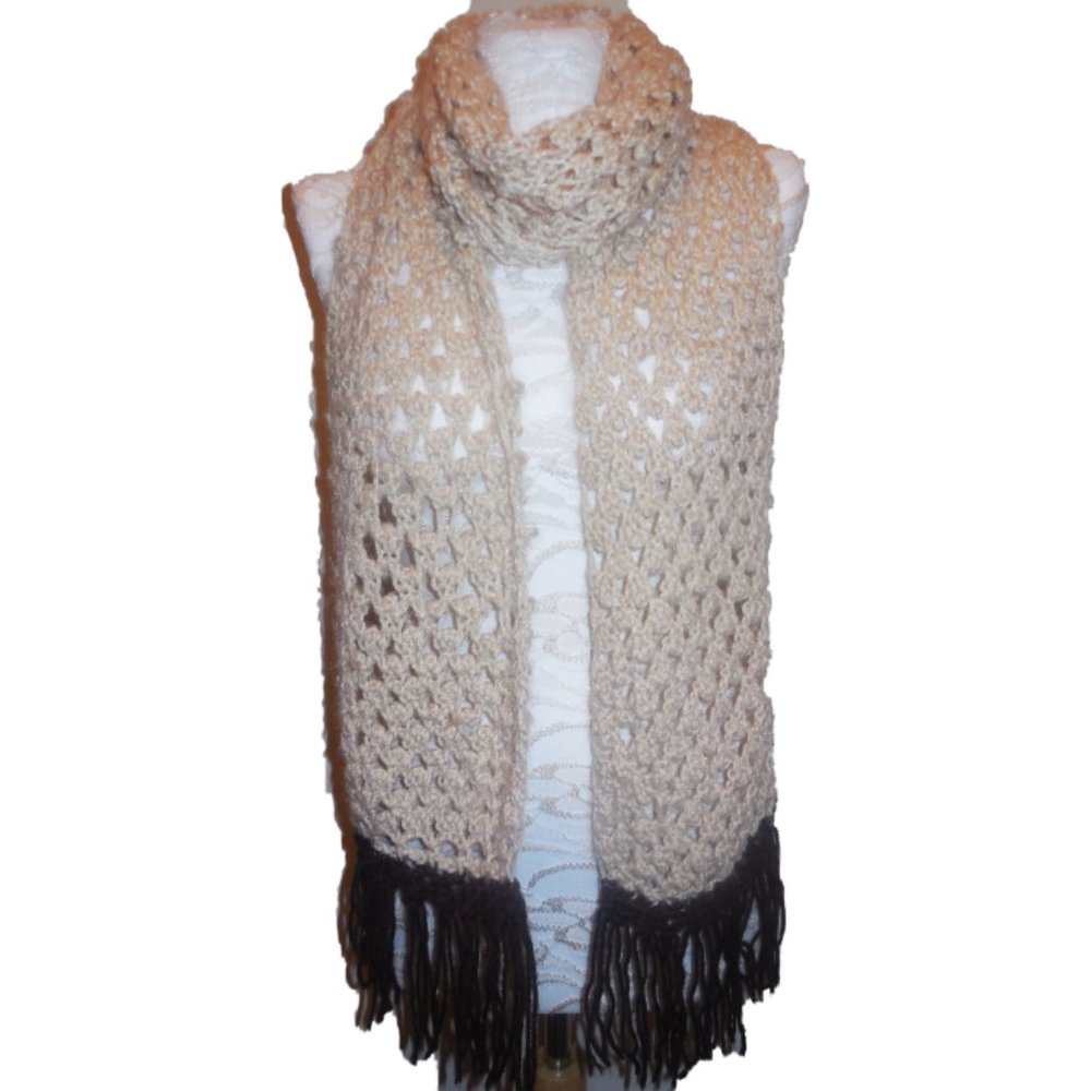 Vintage Scarf Crochet Fringed Handmade Ivory Brown